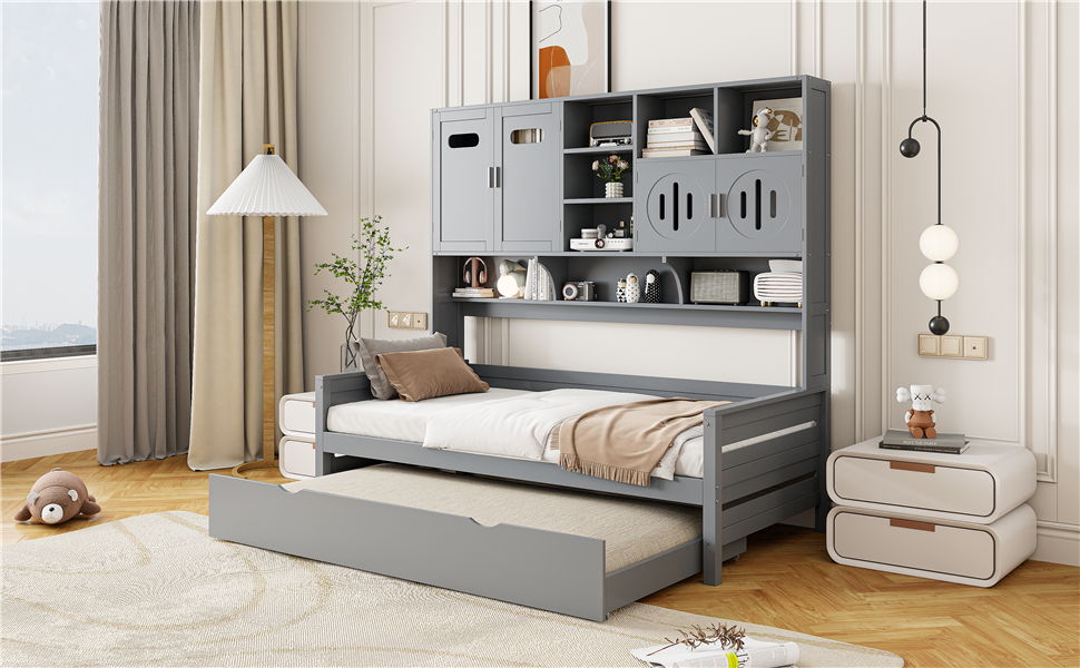 Twin Size Daybed With Twin Size Trundle, And All In One Cabinet And Shelf - Gray