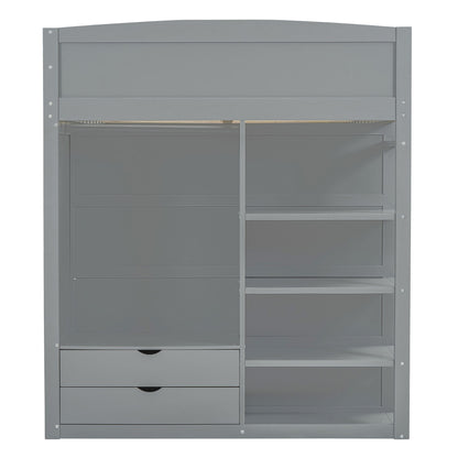 Full Size Loft Bed With Desk, Wardrobes, 4 Drawers And 4 Shelves - Gray