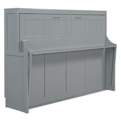 Full Size Murphy Bed With Hydraulic Lift & Desk Design - Gray