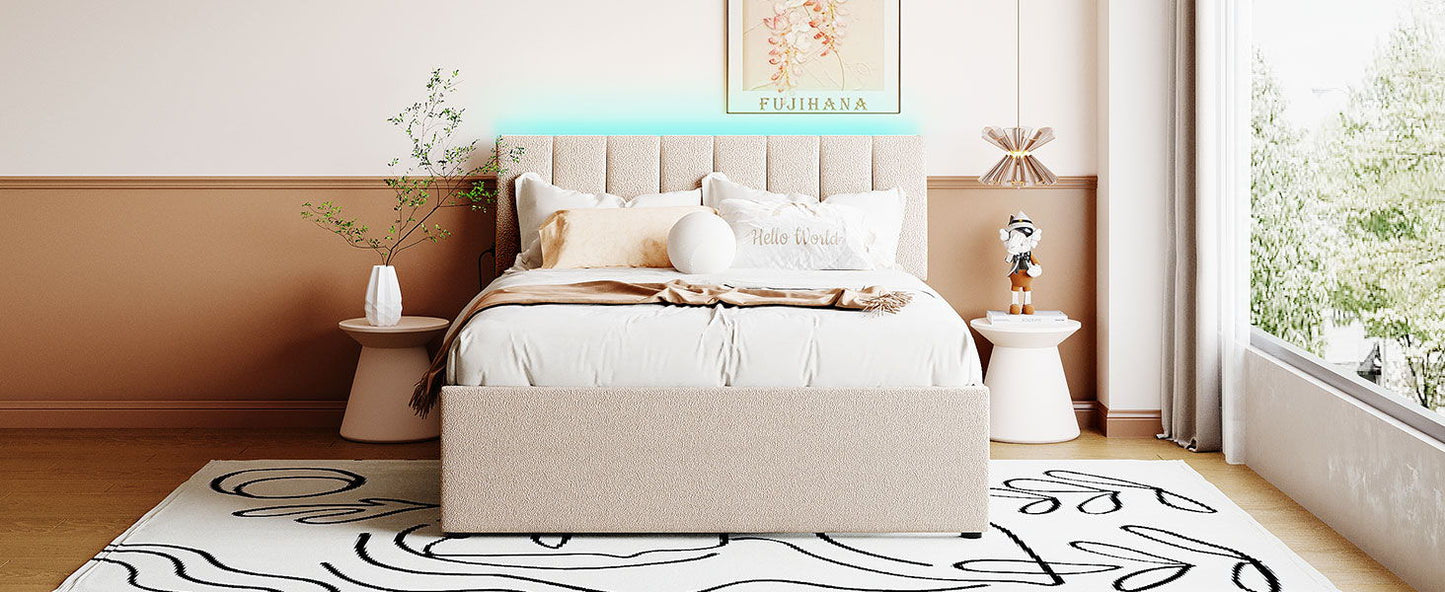 Full Size Upholstered Platform Bed With Twin Size Trundle - Beige