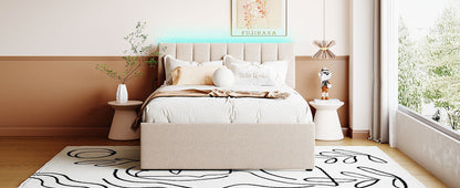 Full Size Upholstered Platform Bed With Twin Size Trundle - Beige