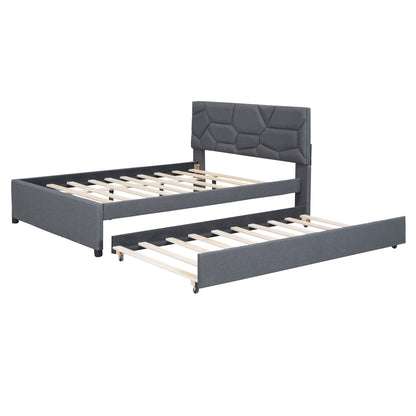 Full Size Upholstered Platform Bed With Brick Pattern Headboard And Twin Size Trundle - Gray