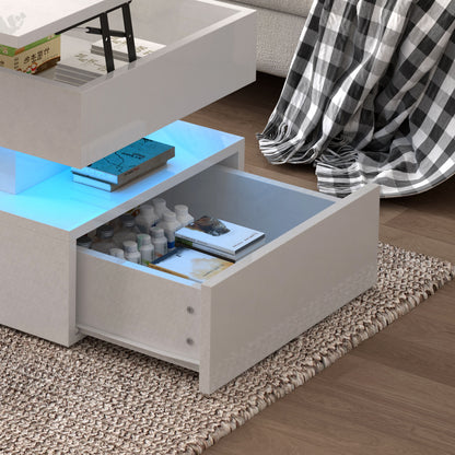 Contemporary Foldable Coffee Table With Drawers And LED White & Metal 3 Tier Design - White