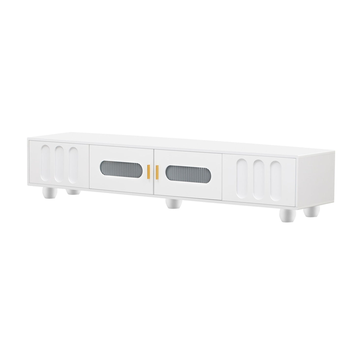 Modern TV Stand For TVs Up To 80", Entertainment Center With Glass Door, 2 Drawers And Cabinets, Wood TV Storage Cabinet With Solid Wood Legs And Metal Handles For Living Room - White