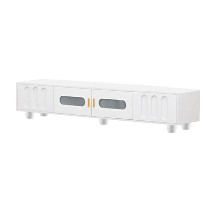 Modern TV Stand For TVs Up To 80", Entertainment Center With Glass Door, 2 Drawers And Cabinets, Wood TV Storage Cabinet With Solid Wood Legs And Metal Handles For Living Room - White