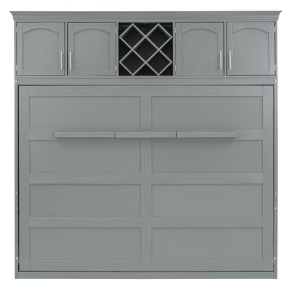Queen Size Murphy Wall Bed With Top Cabinets & Wine Rack - Gray