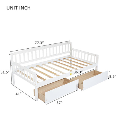 Twin Size Pine Wood Daybed With Two Storage Drawers, Sofa Bed With Bed Platform Of 10 Support Slats - White