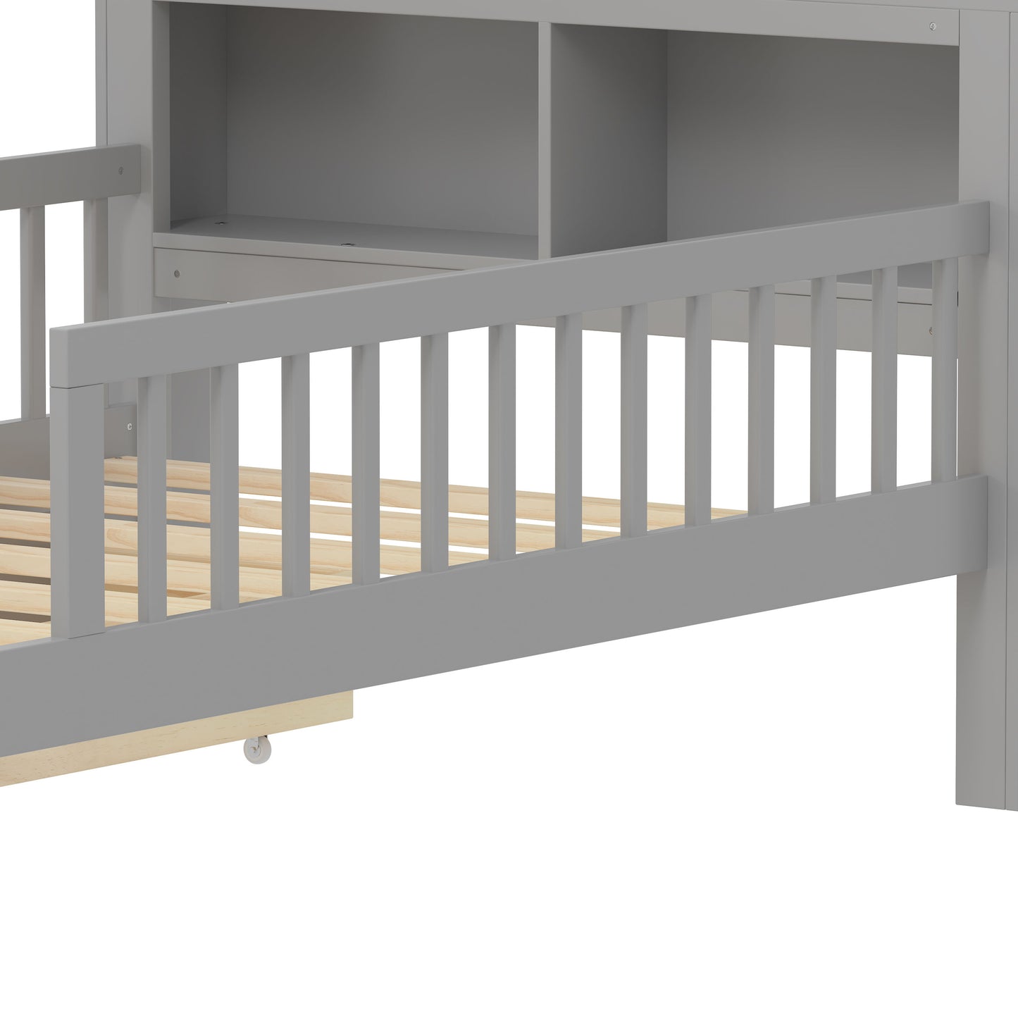 Twin Size Bed With Headboard Storage Rack, 2 Under Bed Drawers, 3 - Side Guardrails For Safety And Security - Gray