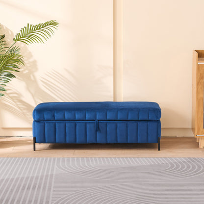 Wide Upholstered Velvet Storage Soft Bench Footstool Ottoman End Of Bed With Metal Legs, Foot Rest For Living Room, Entryway And Bedroom - Black / Navy