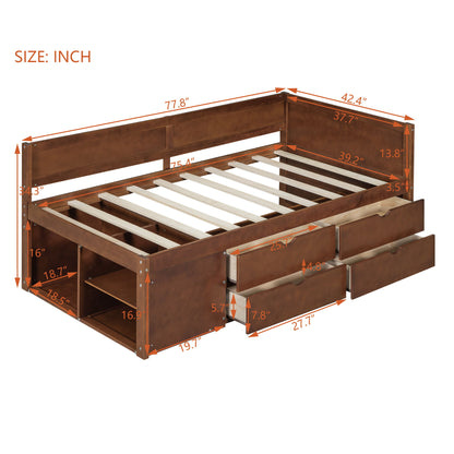 Twin Size Daybed With Drawers And Shelves - Walnut