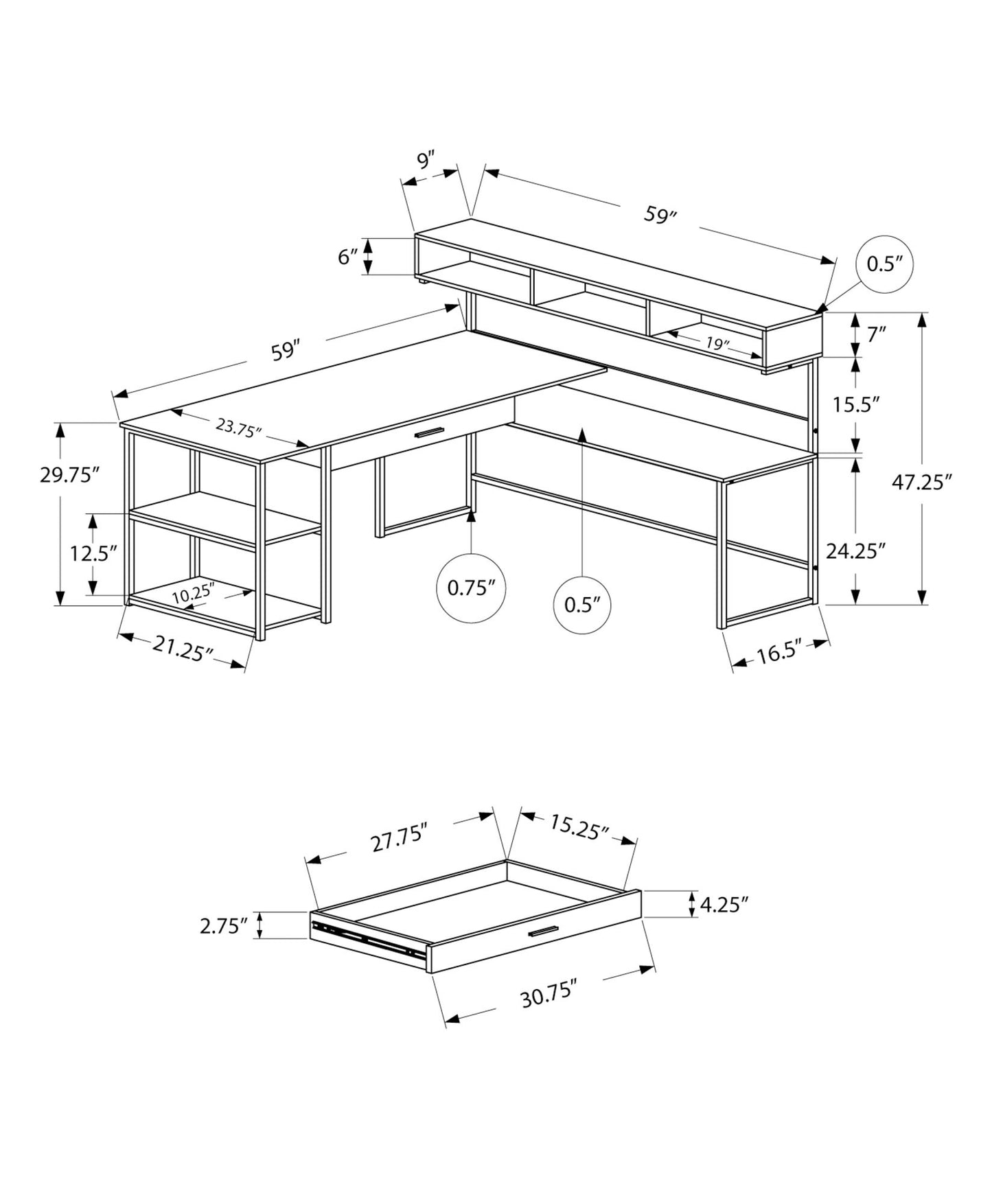 Computer Desk, Home Office Corner, Storage Drawers, L Shape, Laptop, Contemporary & Modern - Gray