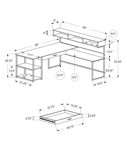 Computer Desk, Home Office Corner, Storage Drawers, L Shape, Laptop, Contemporary & Modern - Gray