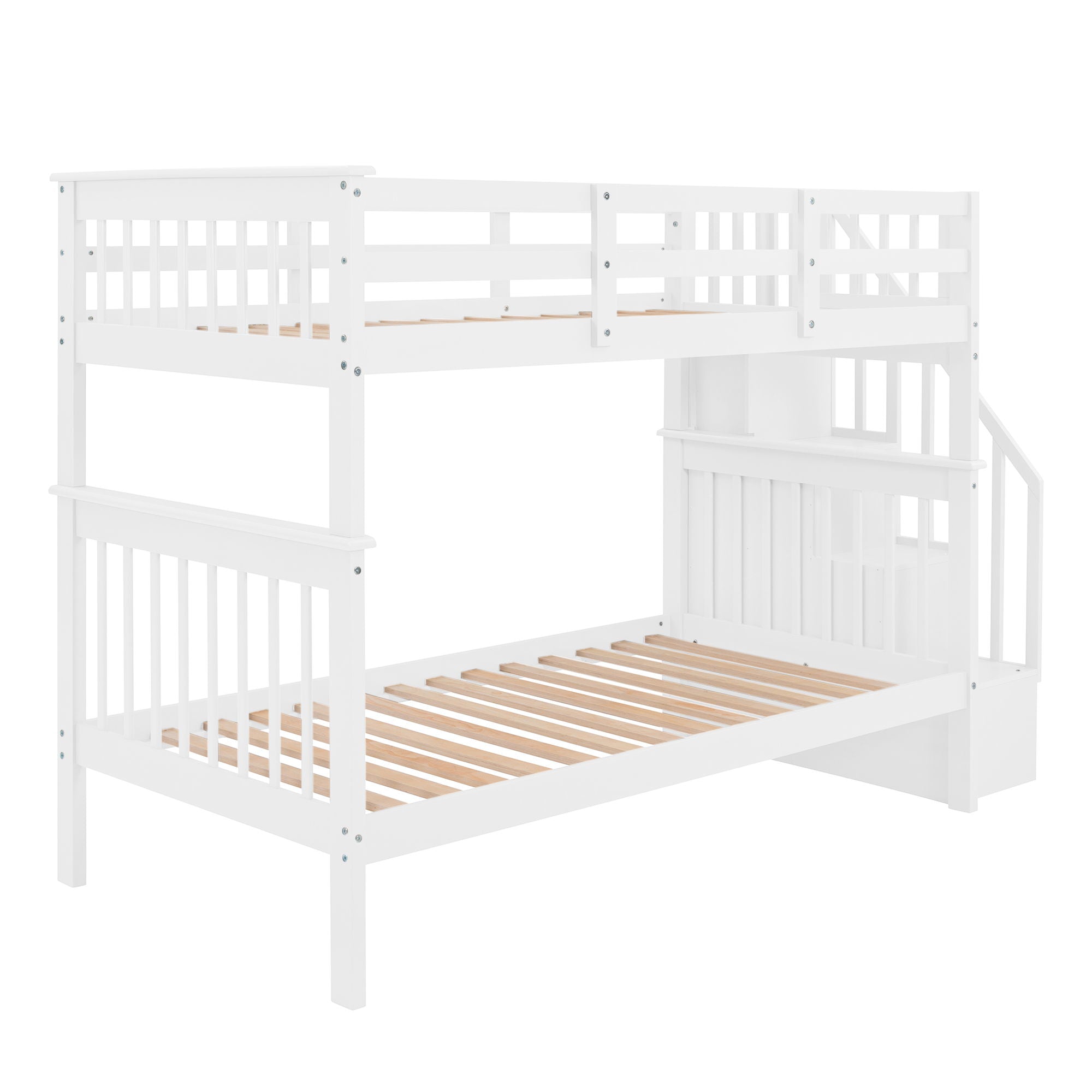 Twin Over Twin Stairway Bunk Bed With Storage And Guard Rail For Bedroom - White