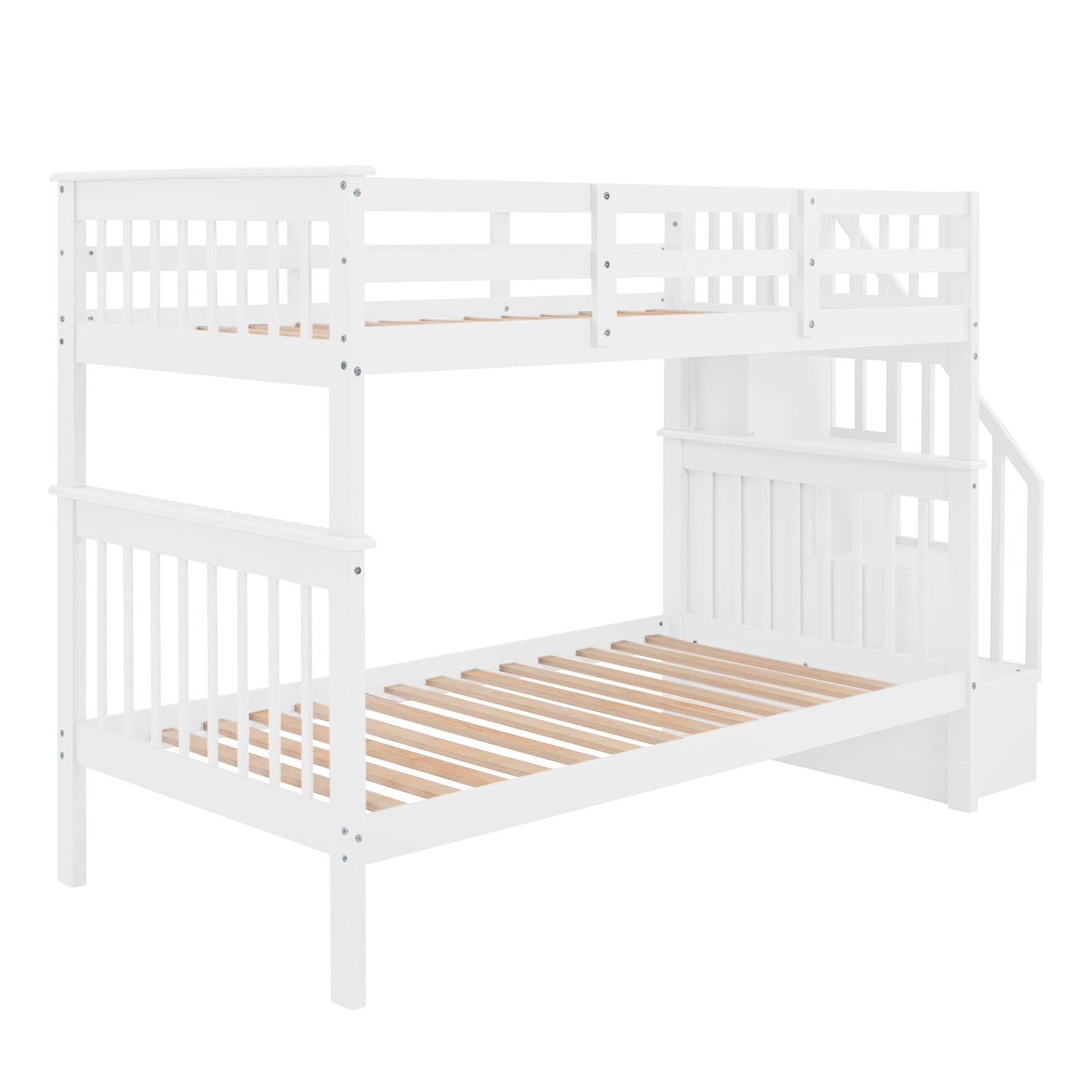 Twin Over Twin Stairway Bunk Bed With Storage And Guard Rail For Bedroom - White