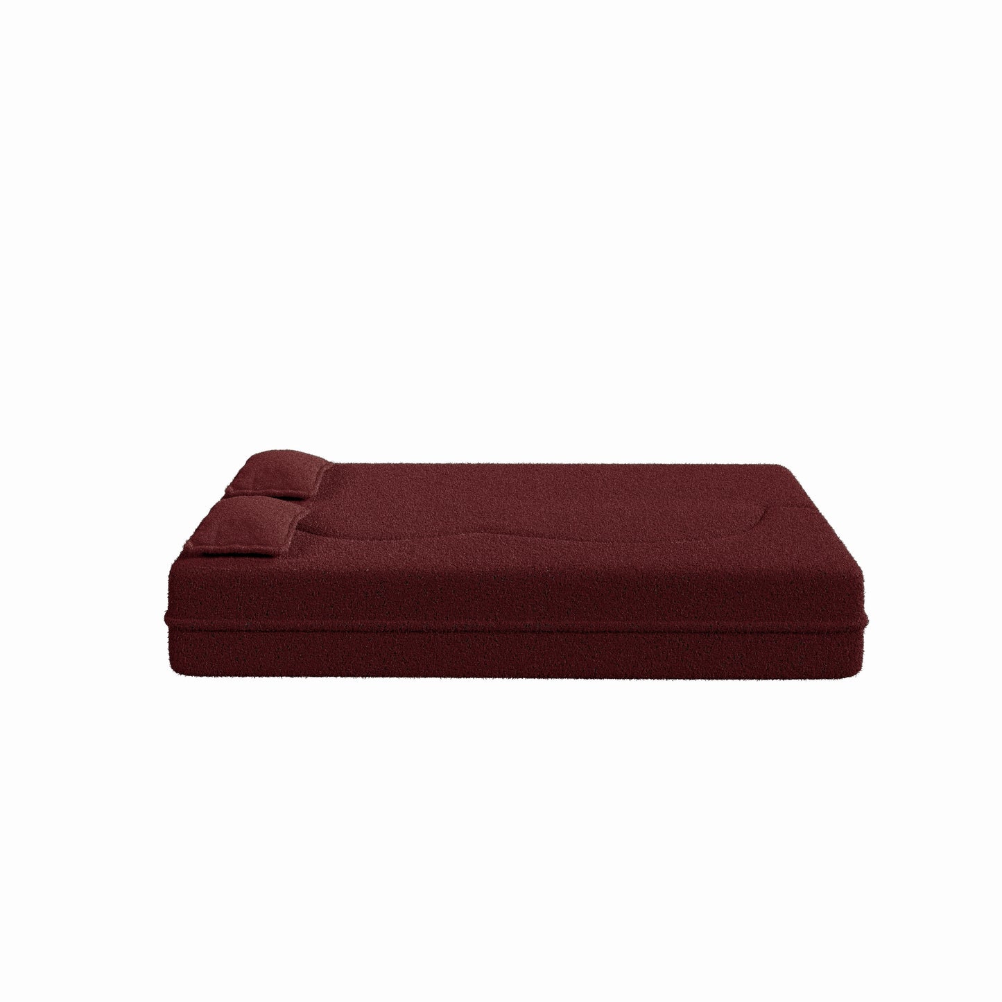 Modern Floor Sofa With 2 Pillows, Convertible Teddy Fabric Foam Filled Sleeper Sofa Bed, Full Size Folding Mattress For Living Room Guest Bed, Playroom, No Assembly Required - Burgundy