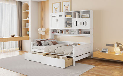 Full Size Daybed With 2 Drawers And All In One Cabinet And Shelf - White