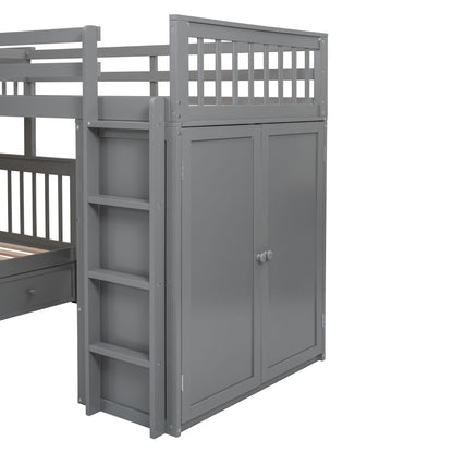 Twin Twin Over Full L Shaped Bunk Bed With 3 Drawers, Portable Desk And Wardrobe - Gray