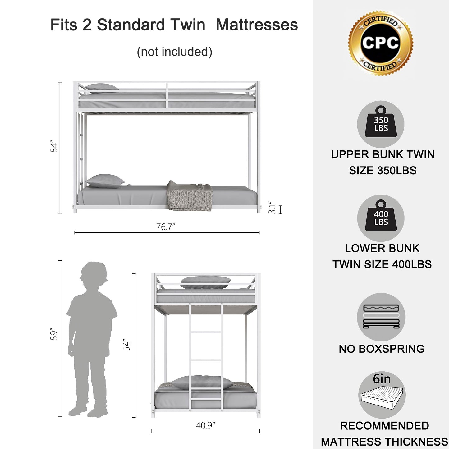 Adam - Twin Over Twin Metal Bunk Bed - White
