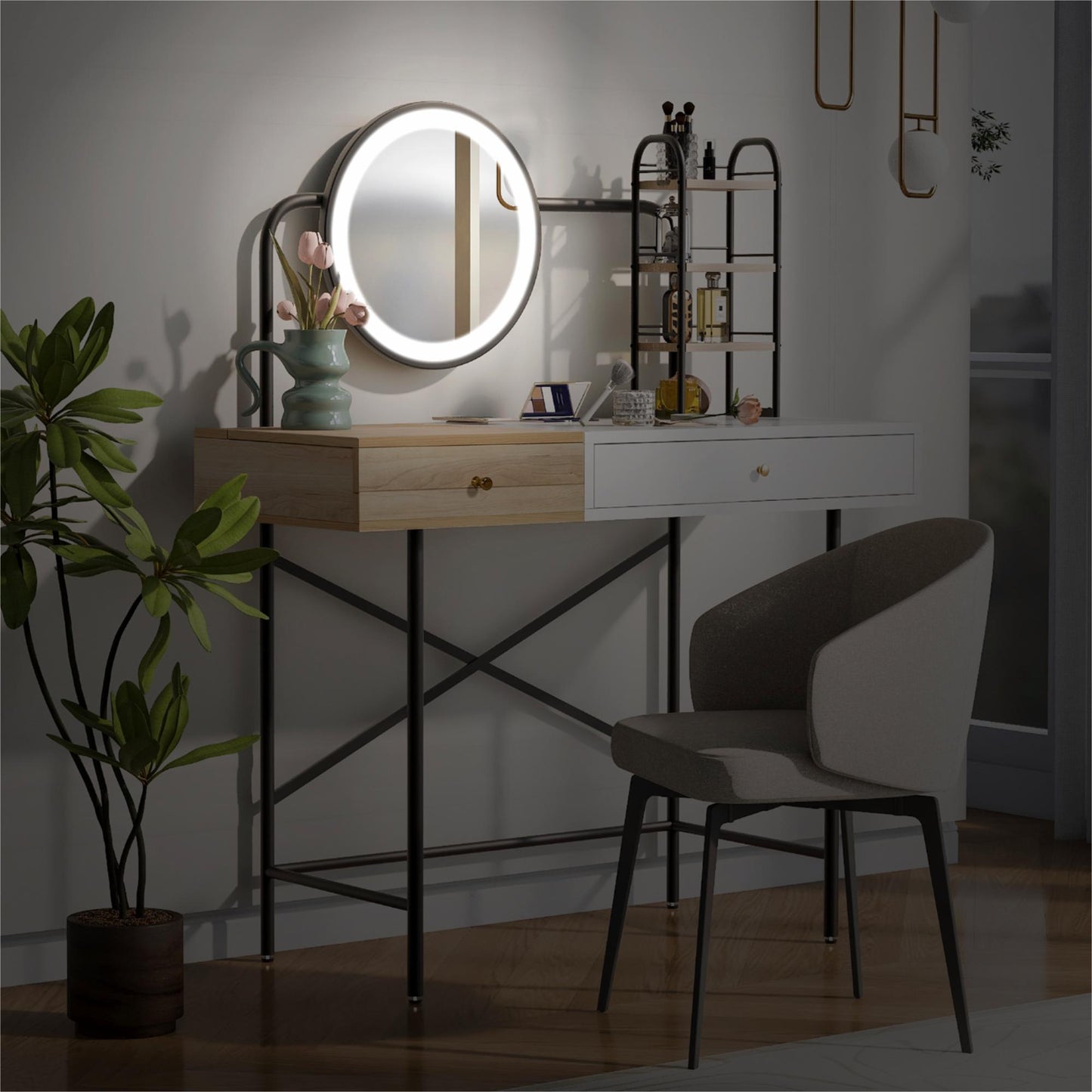 Makeup Vanity Desk With 3-Mode Lighted Mirror & Wireless Charging Station, Vanity Table With Drawer & 3 Open Shelves For Ample Storage Space, Dressing Table For Bedroom - White