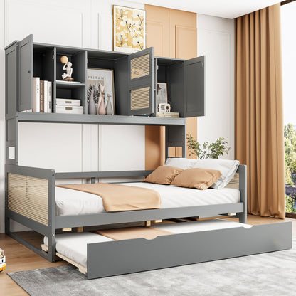 Full Size Wooden Daybed & Twin Size Trundle, And All In One Cabinet And Shelf - Gray