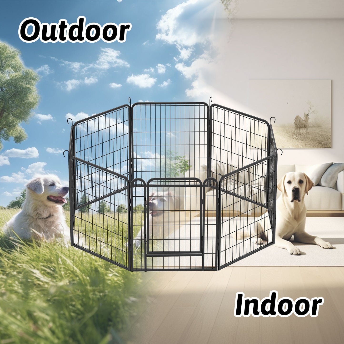 53.94" 8 Panels Heavy Duty Metal Playpen With Door, Dog Fence Pet Exercise Pen For Outdoor, Indoor - Black