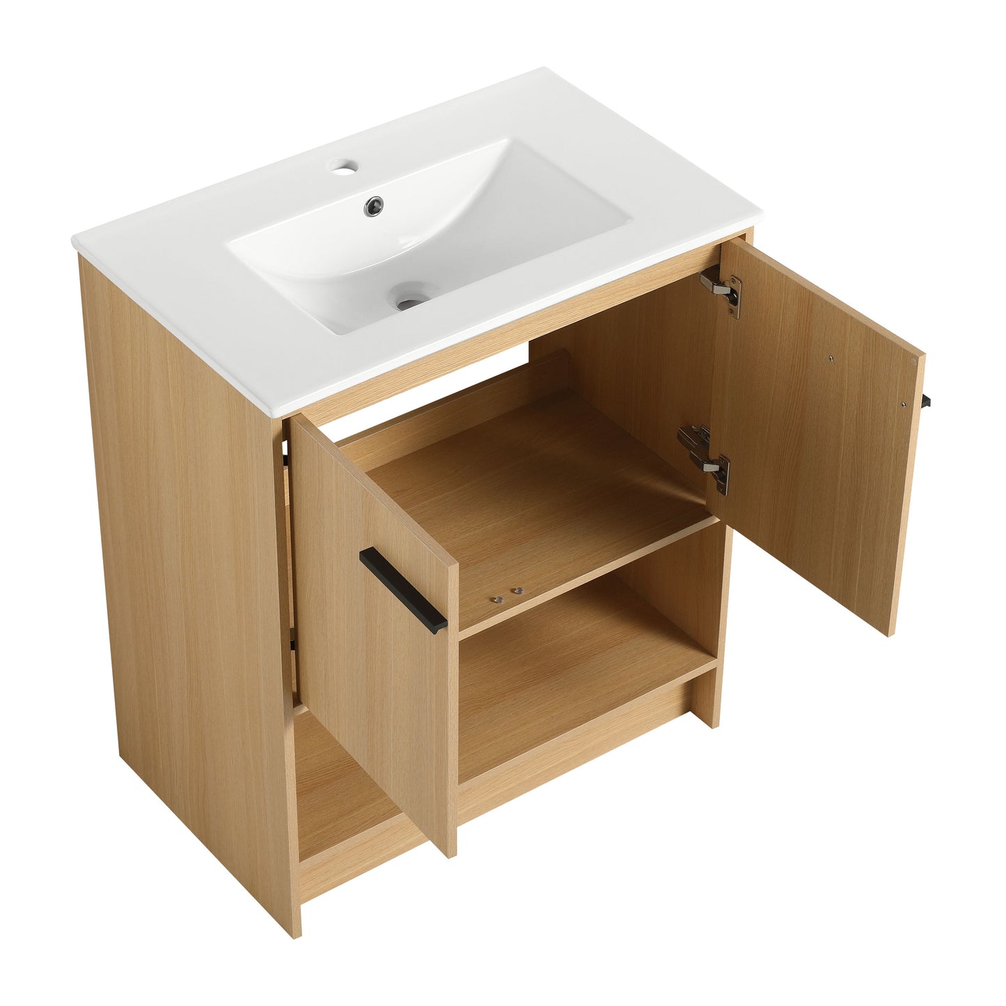 Modern 30" Bathroom Vanity With Ceramic Sink, Freestanding Cabinet, 2 Soft Closing Doors - Oak