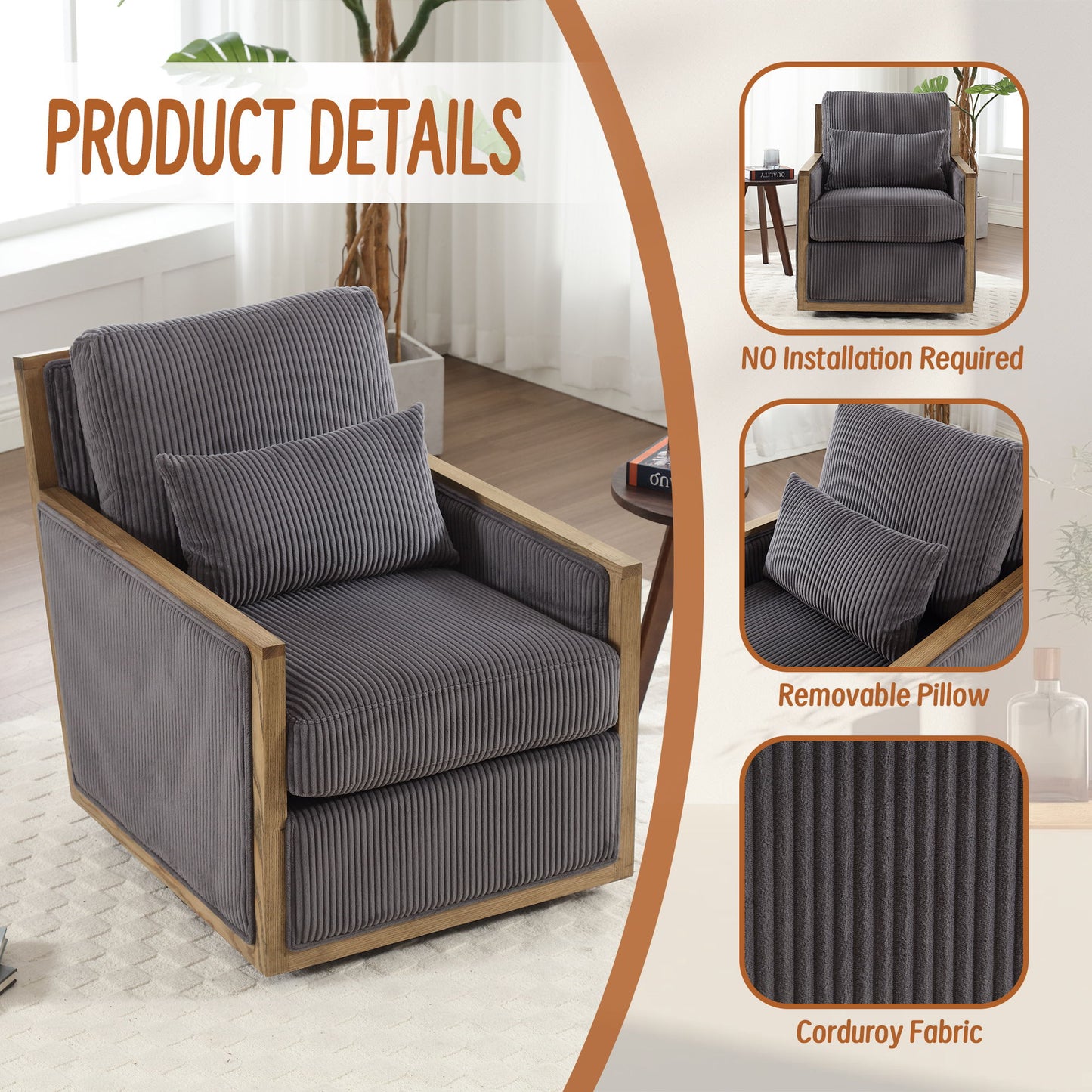Swivel Barrel Chair, Comfy Accent Sofa Chair With 360 Degree Rotation And Hardwood Frame - Dark Gray