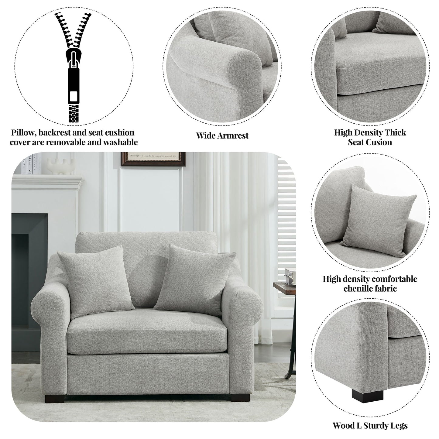 Modern Chenille Oversized Armchair, Chair And A Half, Single Sofa For Bedroom, Living Room, Wide - Light Gray