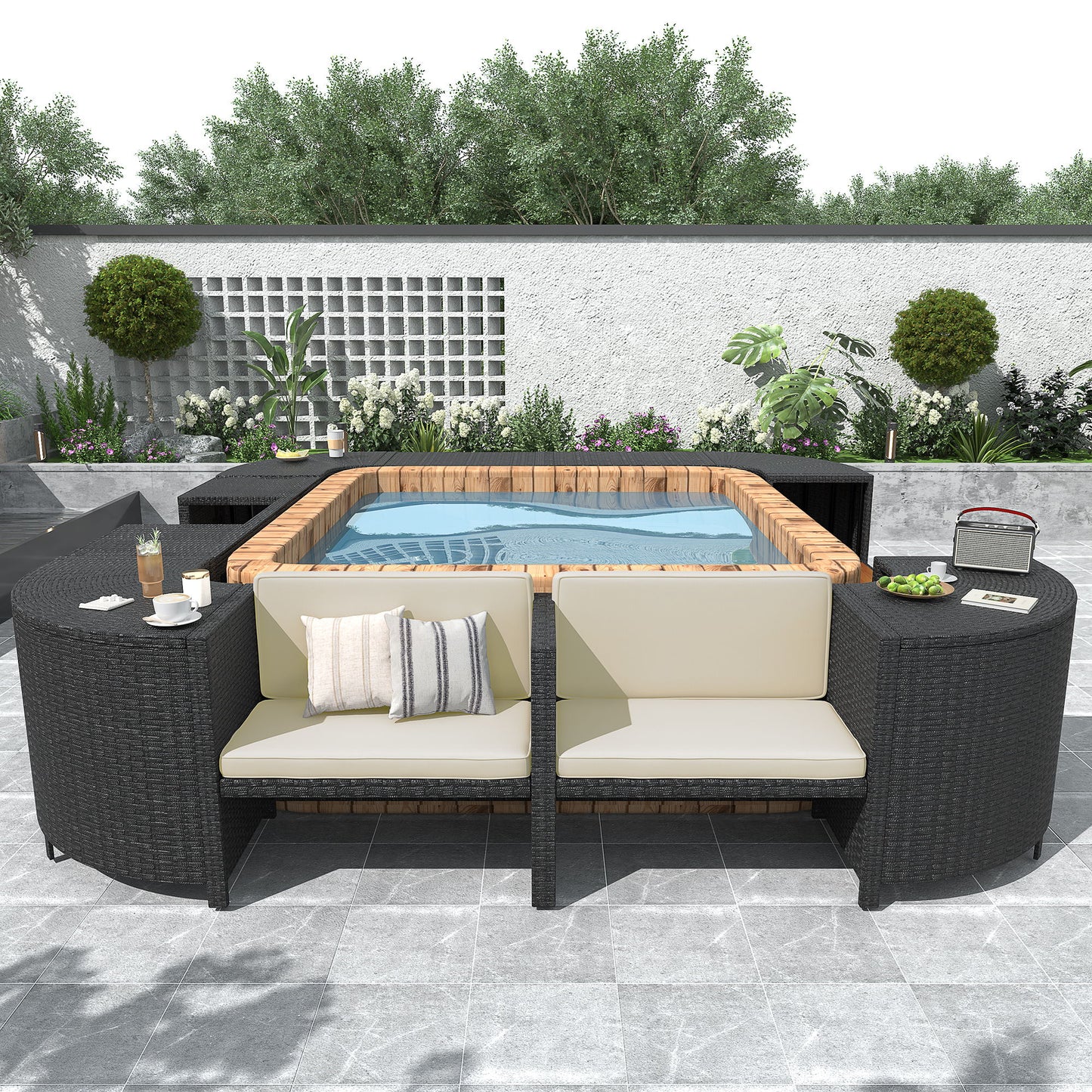 Spa Surround Spa Frame Quadrilateral Outdoor Rattan Sectional Sofa Set With Mini Sofa, Wooden Seats And Storage Spaces - Beige
