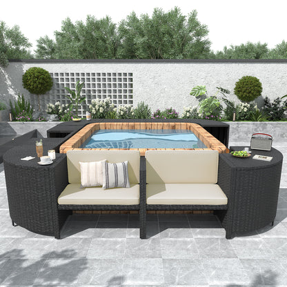 Spa Surround Spa Frame Quadrilateral Outdoor Rattan Sectional Sofa Set With Mini Sofa, Wooden Seats And Storage Spaces - Beige