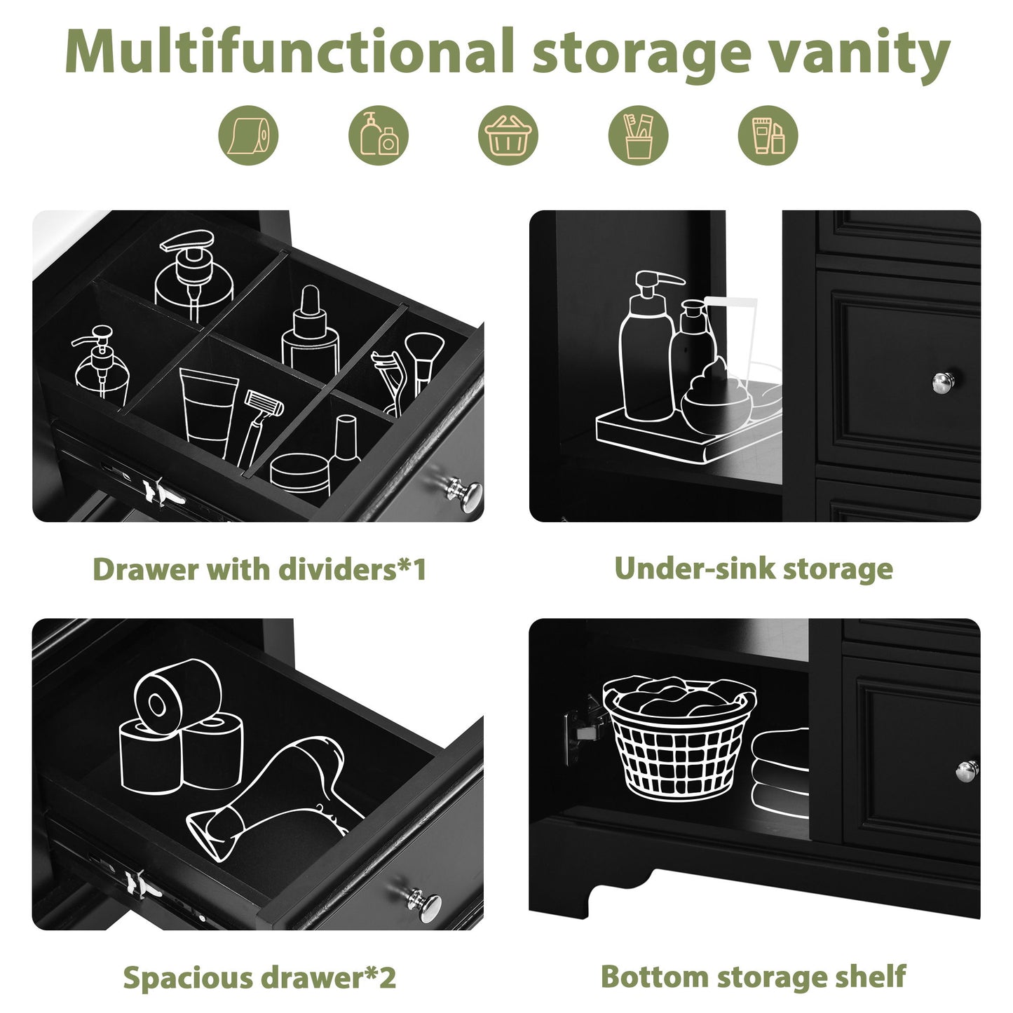Bathroom Vanity Cabinet With Ceramic Basin, 3 Drawers And Adjustable Shelves - Black