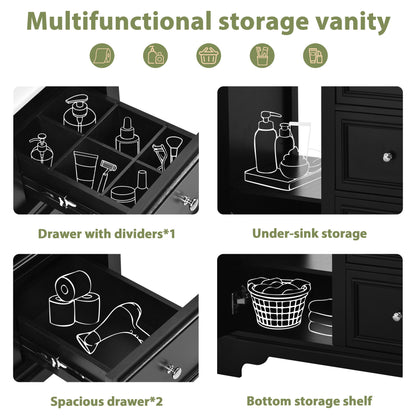 Bathroom Vanity Cabinet With Ceramic Basin, 3 Drawers And Adjustable Shelves - Black