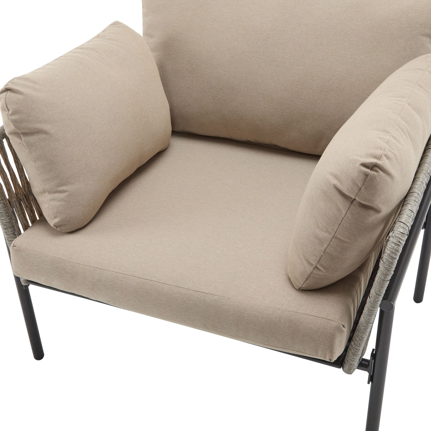 Modern Iron Lounge Chair With Rope Weave And Plush Cushions For Indoor / Outdoor Relaxation - Beige / Gray