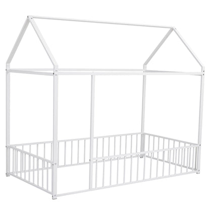 Twin Size Bed House Bed Frame With Fence - White