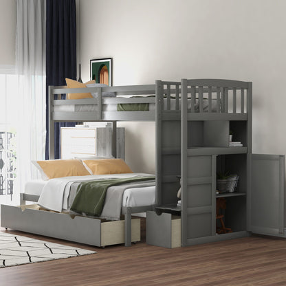 Twin Over Full / Twin Bunk Bed, Convertible Bottom Bed, Storage Shelves And Drawers - Gray