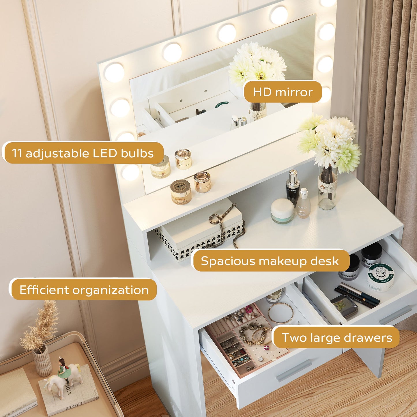 Vanity Desk With Mirror And Lights, Dressing Table With Large Drawer, 2 Level Storage Dresser & 3 Lighting Modes Adjustable Brightness, Suitable For Bedroom - White