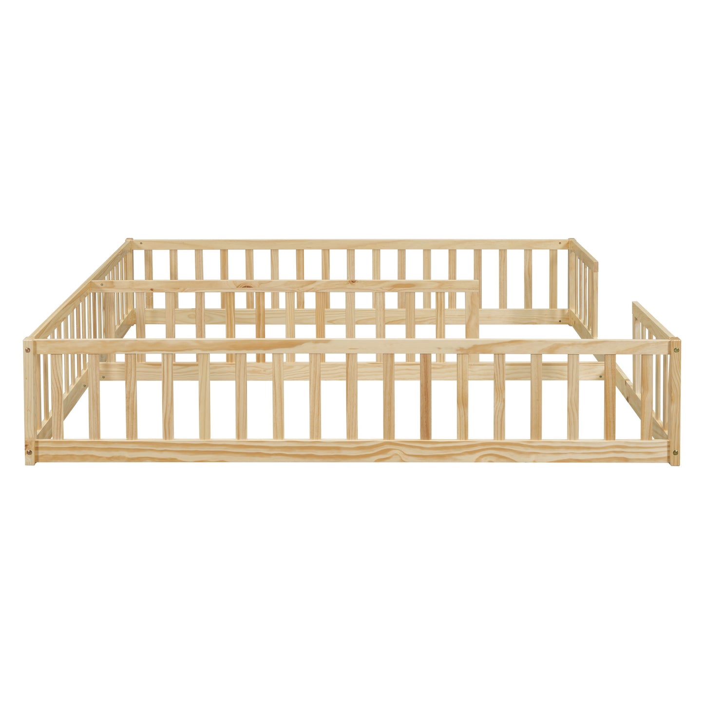 Double Twin Floor Bed With Fence, Guardrails, Without Door - Natural