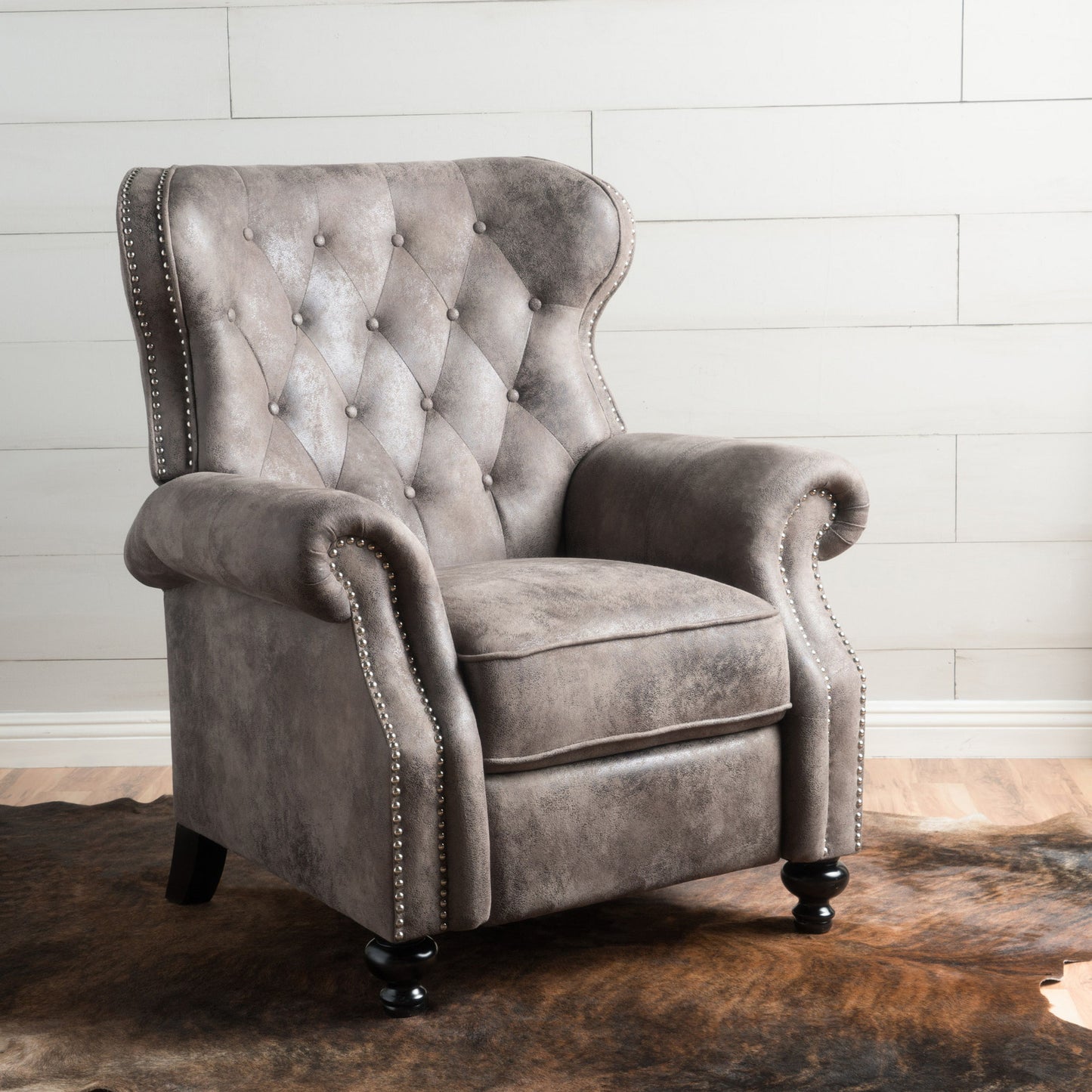 Accented Push Back Recliner Chair With Rolled Arms, Cocooning Comfort - Brown Gray