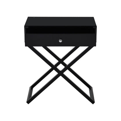 Koda - Wooden End Side Table Nightstand With Glass Top, Drawer And Metal Cross Base - Black