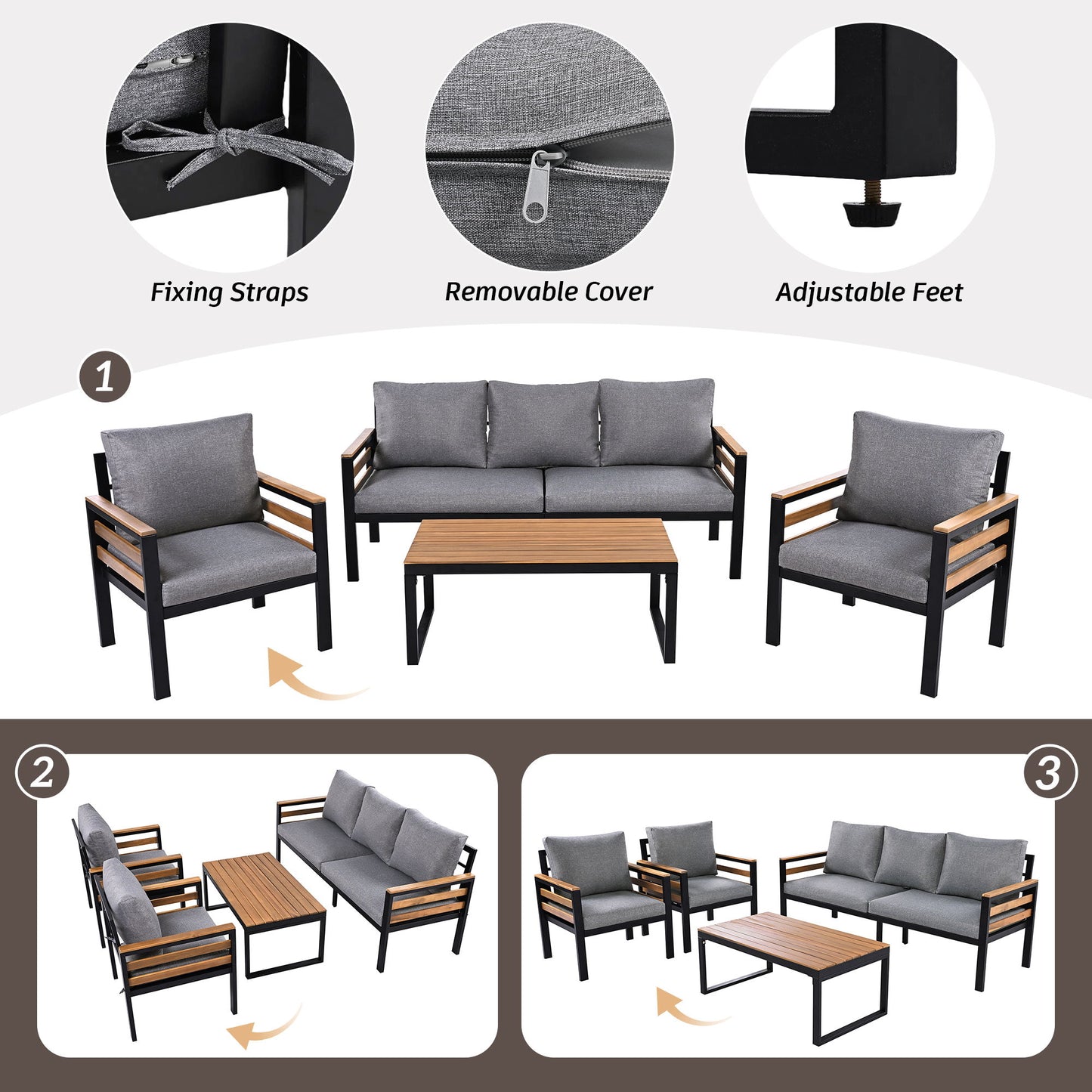 4 Piece Outdoor Furniture Sofa Set For 5 People With Acacia Wood Armrests, Patio Conversation Set With Removable Cushion And Solid Wood Coffee Table For Garden And Backyard - Gray