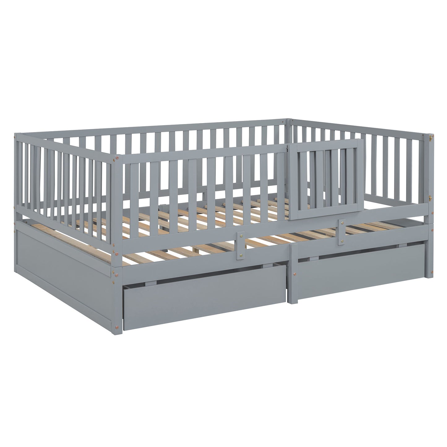 Full Size Daybed With Fence Guardrails And 2 Drawers - Gray