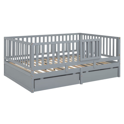 Full Size Daybed With Fence Guardrails And 2 Drawers - Gray