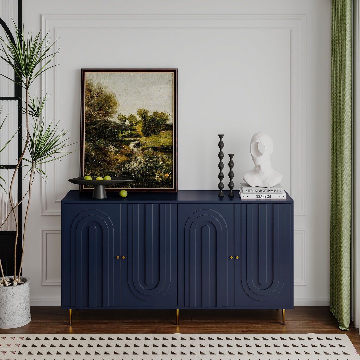 Modern Lacquered 4 Door Wooden Cabinet Sideboard Buffet Server Cabinet Storage Cabinet, For Living Room, Entryway, Hallway, Office, Kitchen And Dining Room - Blue