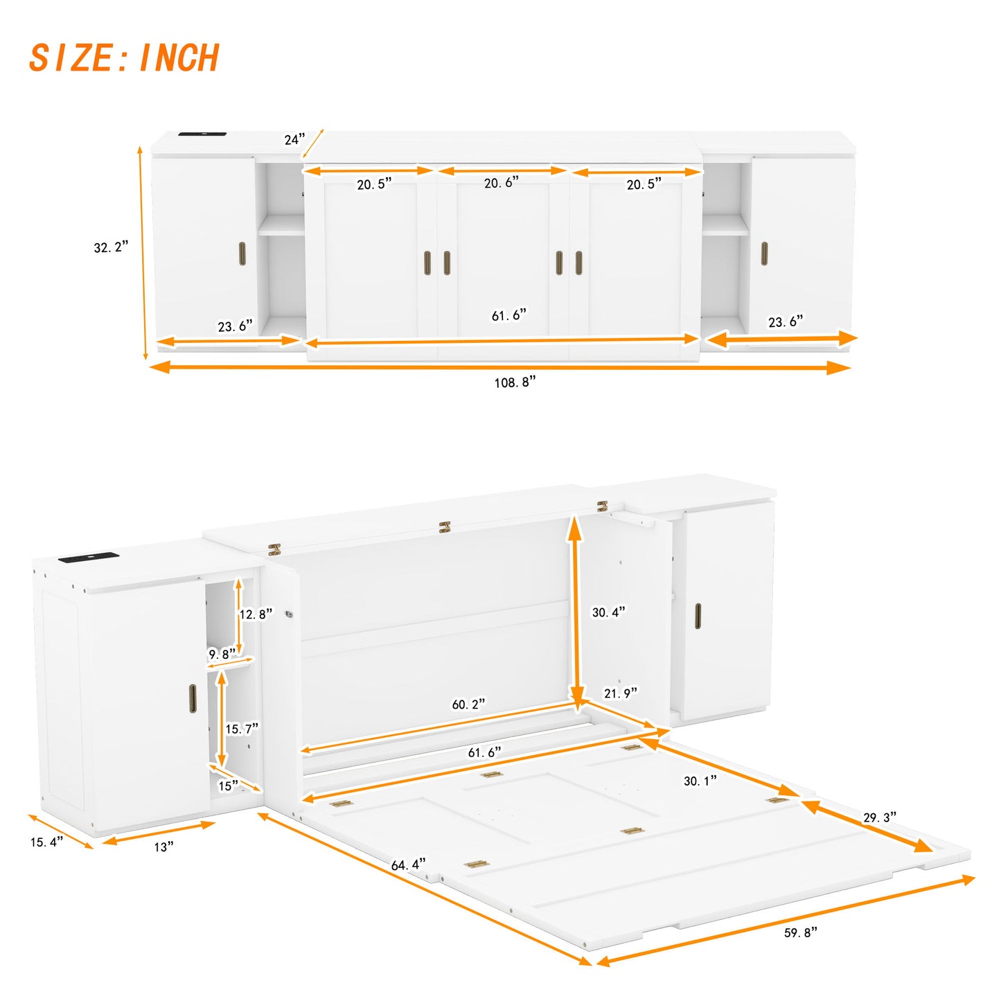 Queen Size Murphy Bed With Shelves, Cabinets And USB Ports - White