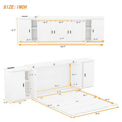 Queen Size Murphy Bed With Shelves, Cabinets And USB Ports - White