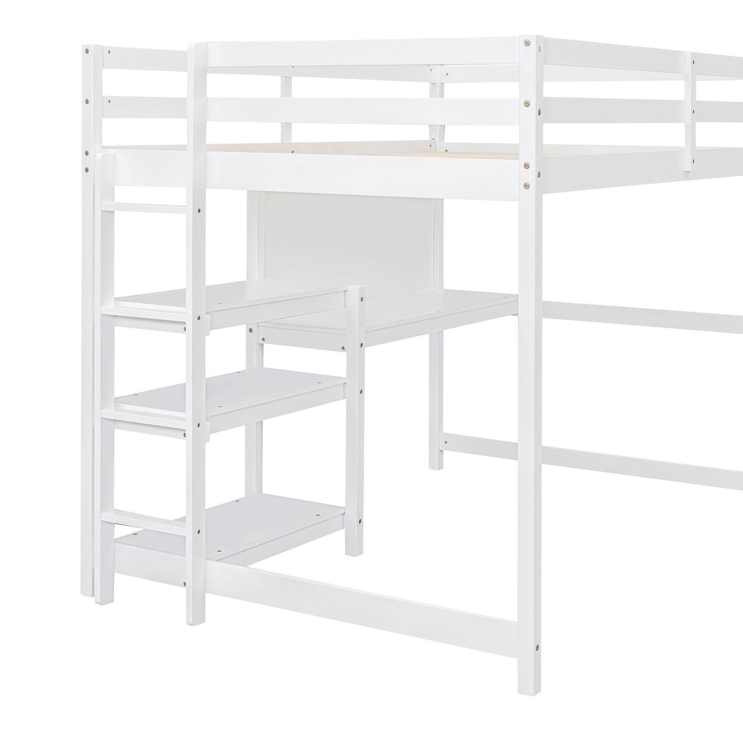 Full Size Loft Bed With Shelves, Desk And Writing Board - White