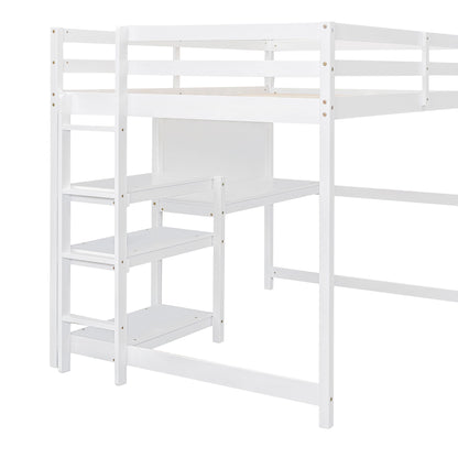 Full Size Loft Bed With Shelves, Desk And Writing Board - White