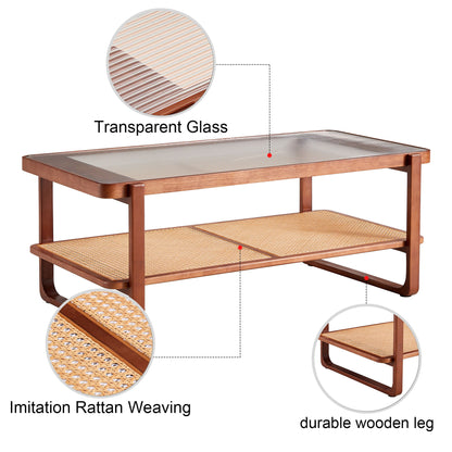 Modern Simple Rectangle Double Layer Solid Wood Glass Desktop Tea Table Rattan Woven Chinese Side Table Small Rectangle Table - Natural Wood