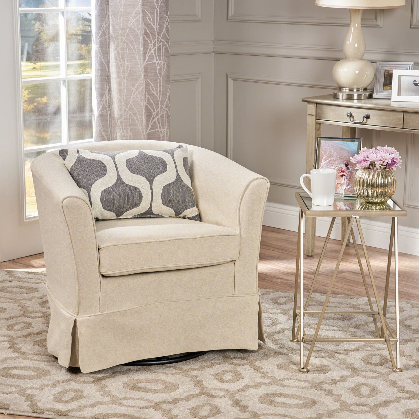 Glitter - Upholstered Swivel Chair With Loose Cover And Curved Back - Natural