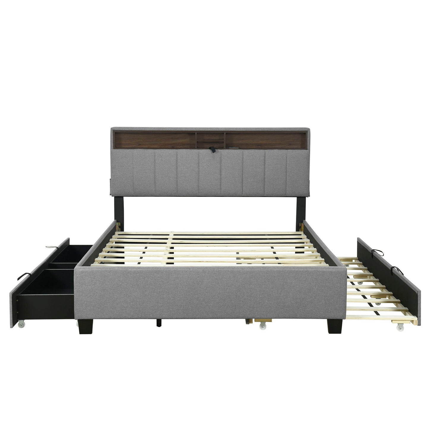 Queen Size Upholstered Platform Bed With Storage Headboard, Twin Long Size Trundle & 2 Drawers And A Set Of Sockets & USB Ports - Gray